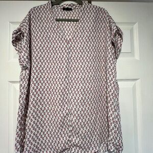 Pleione Women’s Capped Sleeve V-Neck Blouse, NWOT - white w/ paisley - XXL